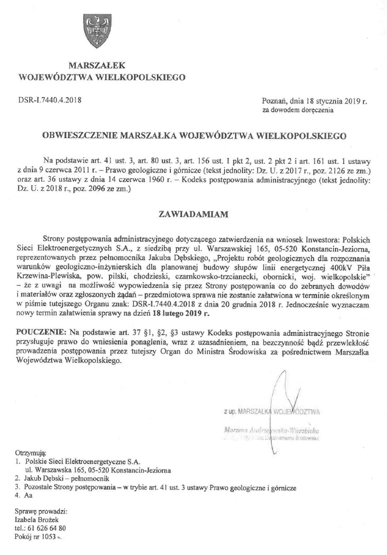 Obwieszczenie Marszałka Województwa Wielkopolskiego w sprawie budowy słupów linii energetycznej Piła Krzewina - Plewiska